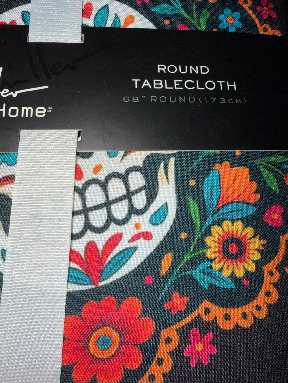 Nicole Miller Black Round 68”Tablecloth with Colorful Floral Sugar Skull Motif